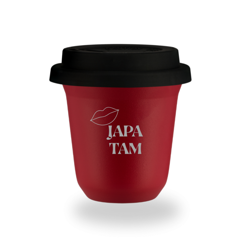 Kubek 80 ml CZERWONY "Japa tam", z pokrywką czarną